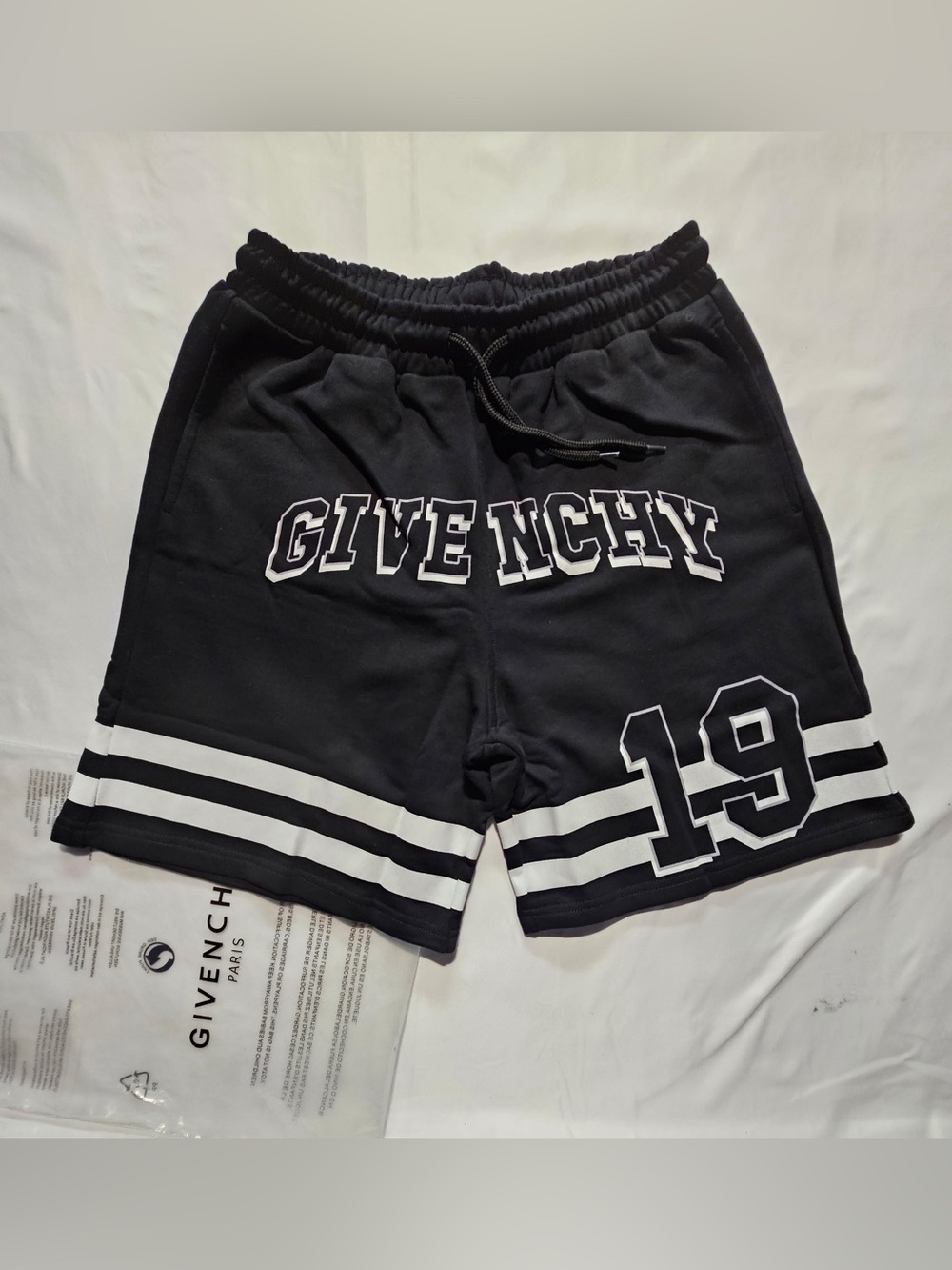 Givenchy Black Athletic Logo Shorts with White Stripe & 19
